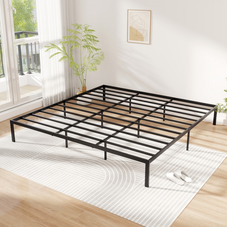 King size metal bed frame with heavy-duty support slats, minimalist design, and ample under-bed storage for a stylish.
