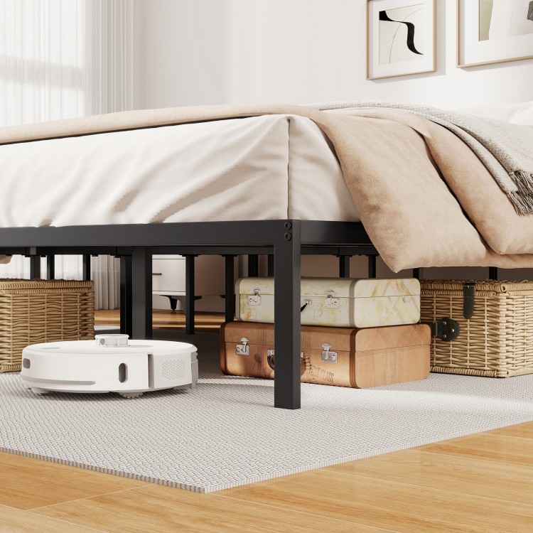 King size metal bed frame with heavy-duty slats, providing ample under-bed storage and a minimalist design.