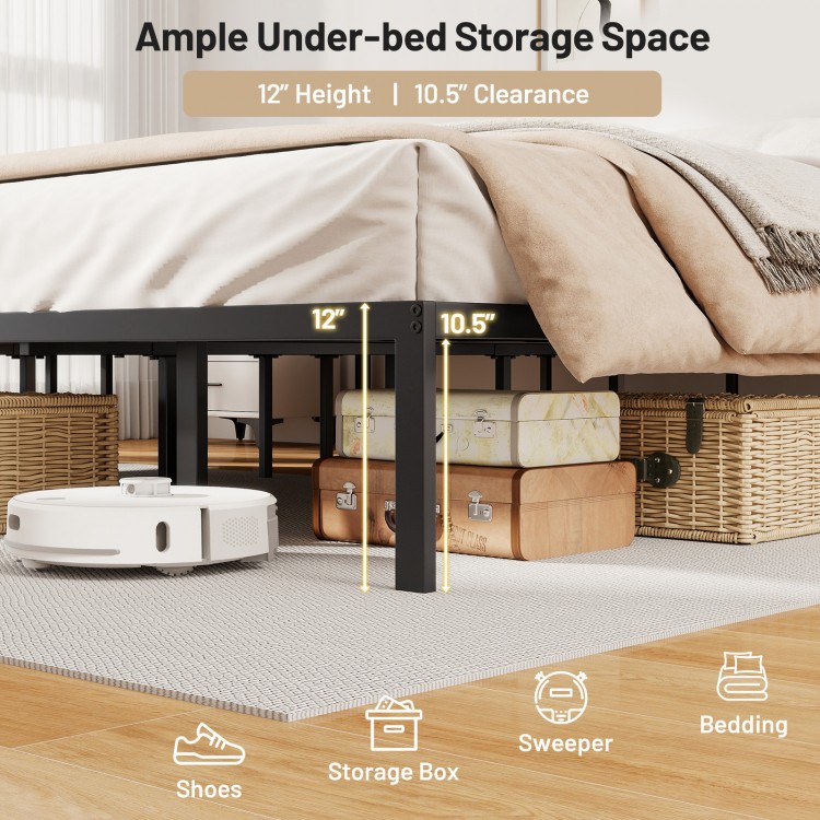 Metal bed frame with 12" height and 10.5" clearance, providing ample under-bed storage for boxes and a sweeper.