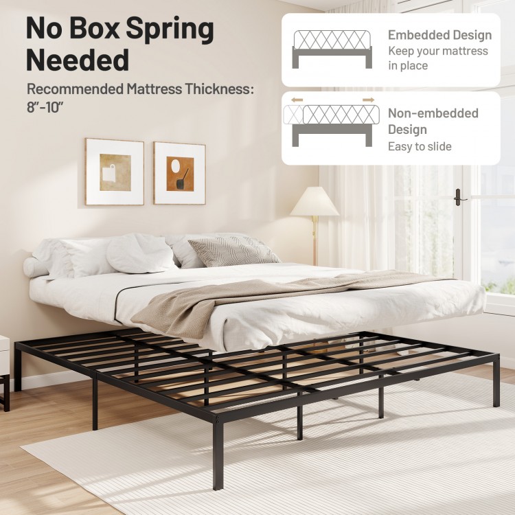 King size metal bed frame with heavy-duty support slats and embedded design for mattress stability and under-bed.