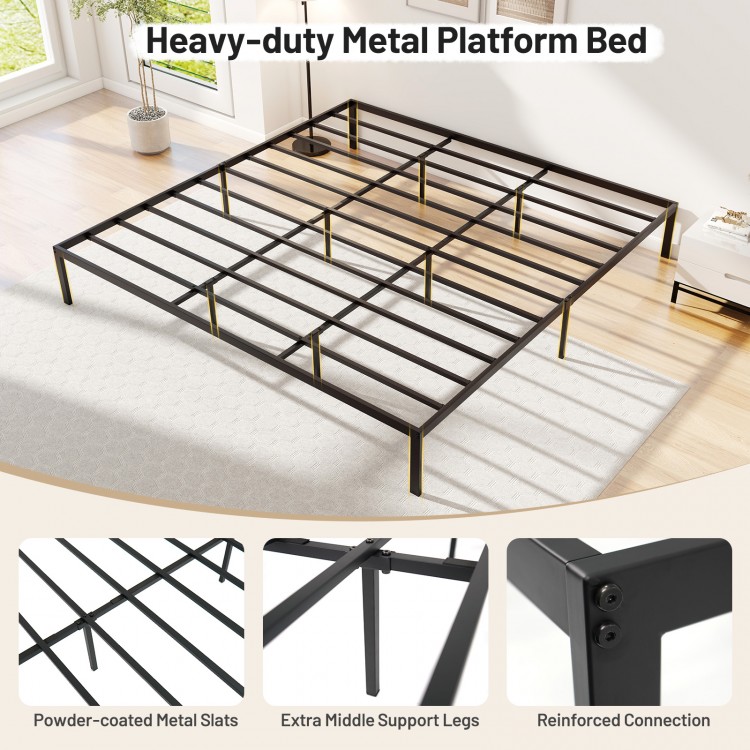 Heavy-duty metal platform bed frame with powder-coated slats and extra support legs for stability and under-bed storage.