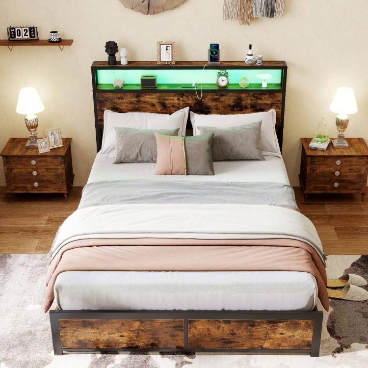 Full/Queen size LED bed frame with charging station, 4 storage drawers, and ambient lighting for a stylish bedroom.