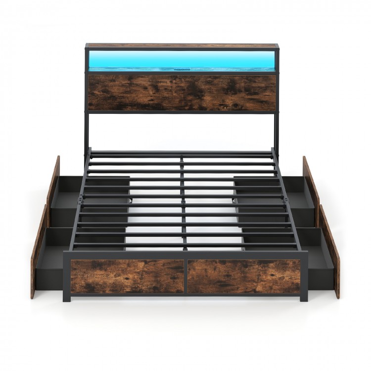 Full/Queen size LED bed frame with charging station and 4 storage drawers, featuring a stylish design and ambient.