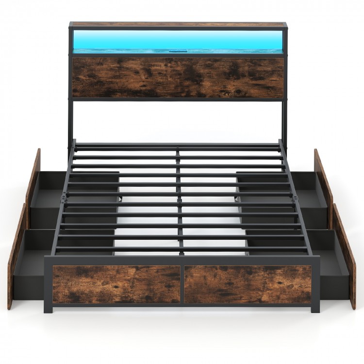 Full/Queen size LED bed frame with storage drawers, featuring a stylish wood finish and integrated charging station.