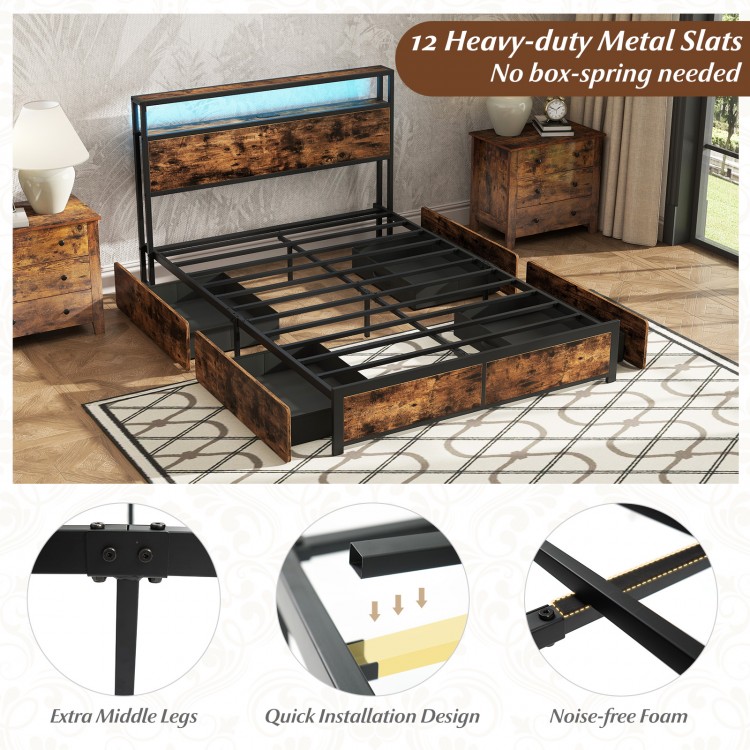 Full/Queen size LED bed frame with charging station, 4 storage drawers, and 12 heavy-duty metal slats for strong.