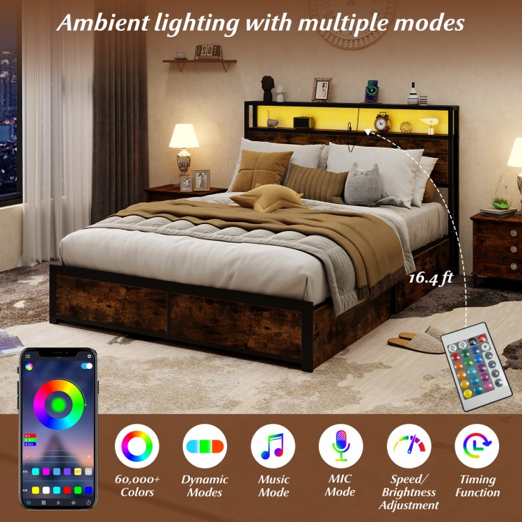 Full/Queen size LED bed frame with storage drawers, featuring smart ambient lighting and remote control for easy.