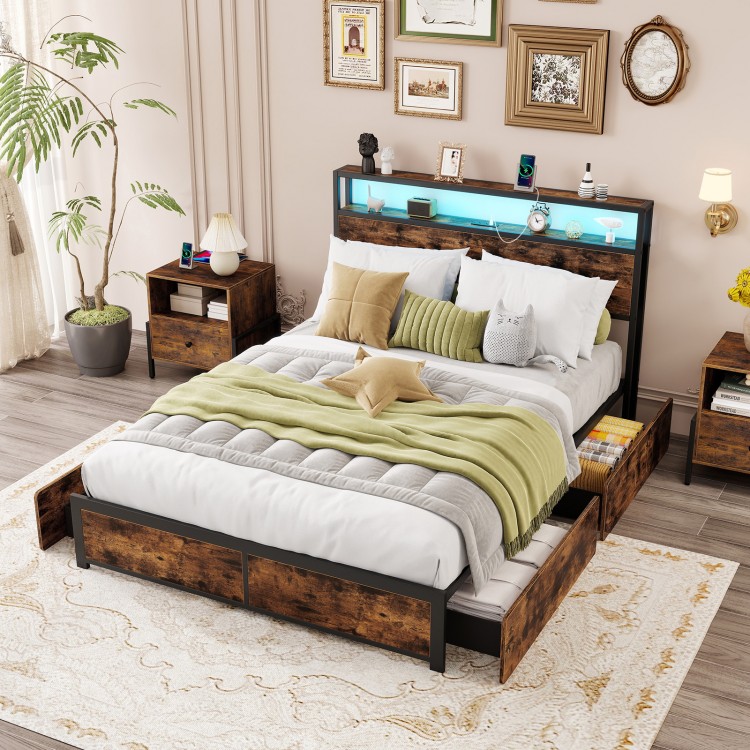 Full/Queen size LED bed frame with storage drawers, featuring a stylish headboard and ambient lighting for a modern.