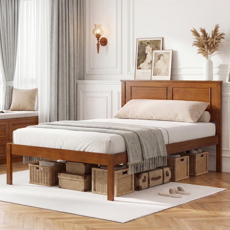 Twin size farmhouse wooden platform bed frame with headboard, featuring elevated design and extra storage underneath.