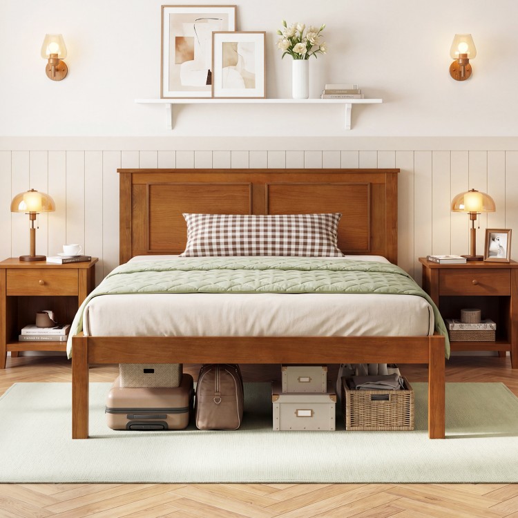 Twin size farmhouse wooden platform bed frame with headboard, featuring elevated design and extra storage space.