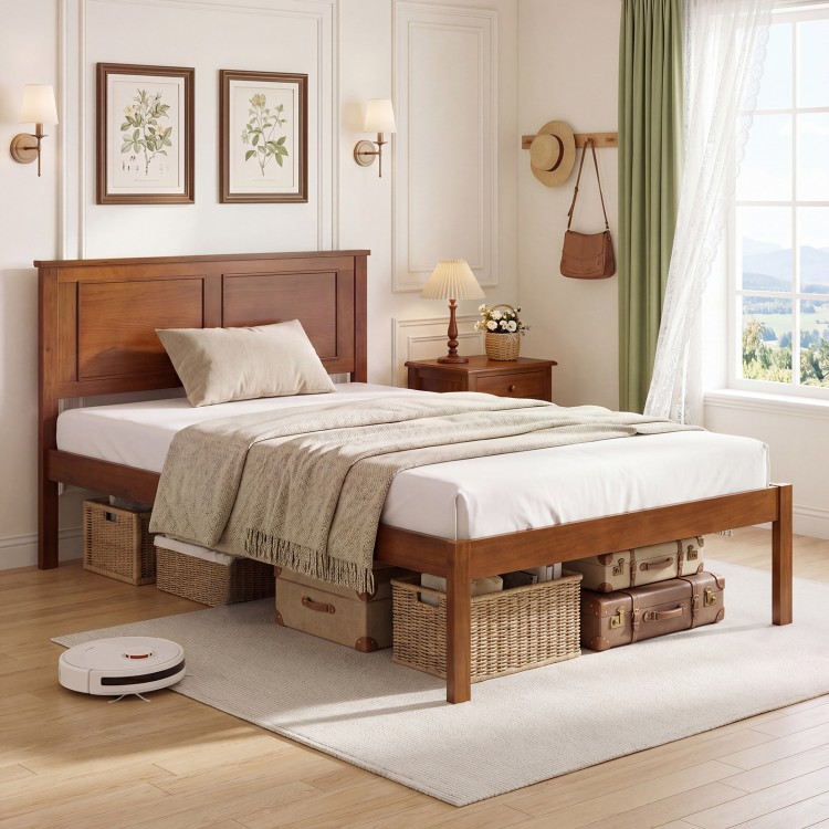 Twin size farmhouse wooden platform bed frame with headboard, featuring elevated design for extra storage underneath.