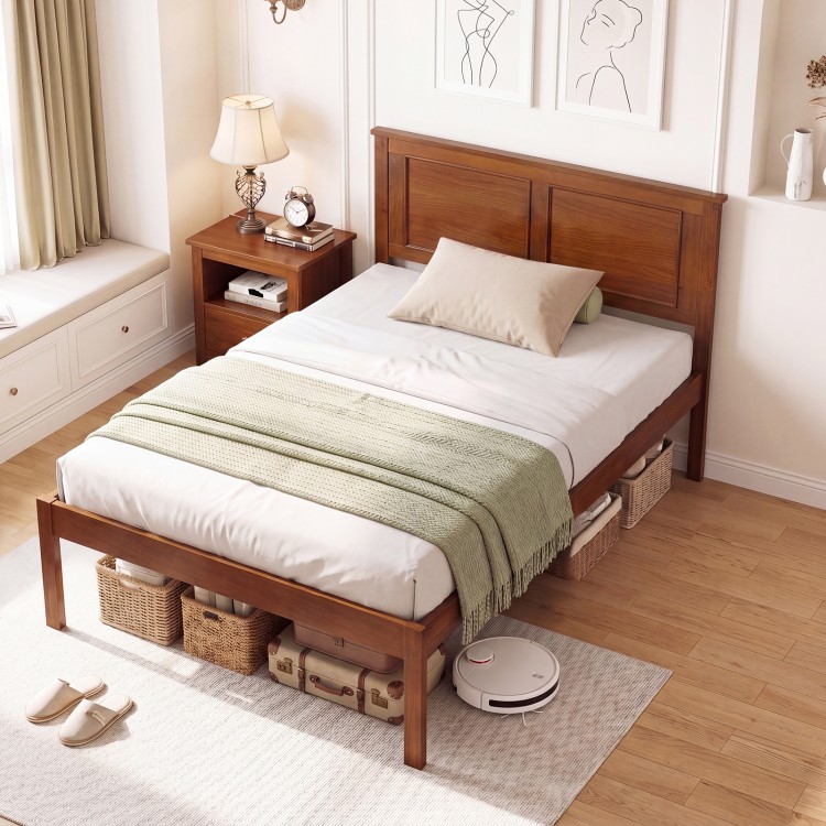 Twin size farmhouse wooden platform bed frame with headboard, featuring under-bed storage and a rustic design.