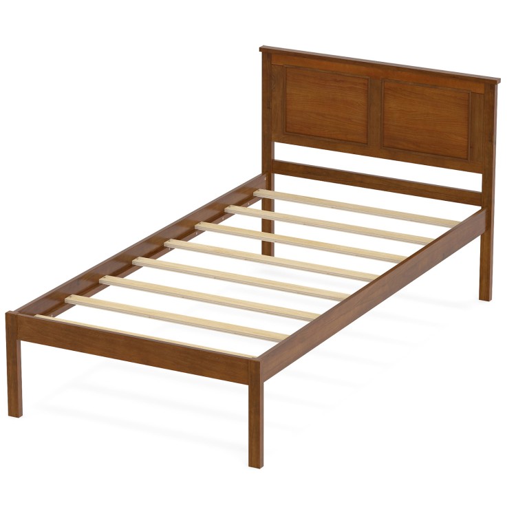 Twin size farmhouse wooden platform bed frame with headboard, featuring solid wood legs and elevated design for storage.