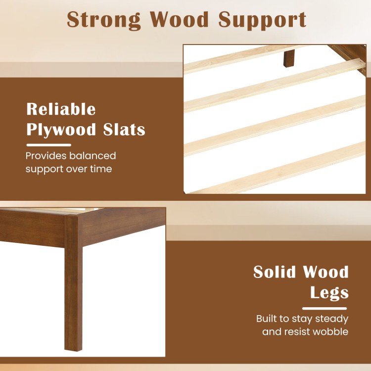 Solid wood legs and plywood slats of the farmhouse wooden platform bed frame, ensuring stability and support.