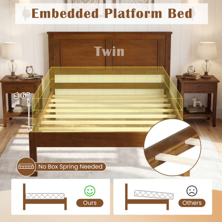 Twin size farmhouse wooden platform bed with headboard, featuring embedded design and sturdy plywood slats for support.