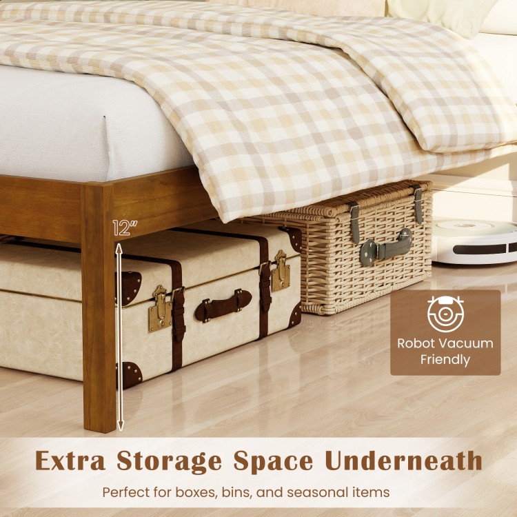 Twin size farmhouse wooden platform bed frame with extra storage space underneath, ideal for boxes and seasonal items.