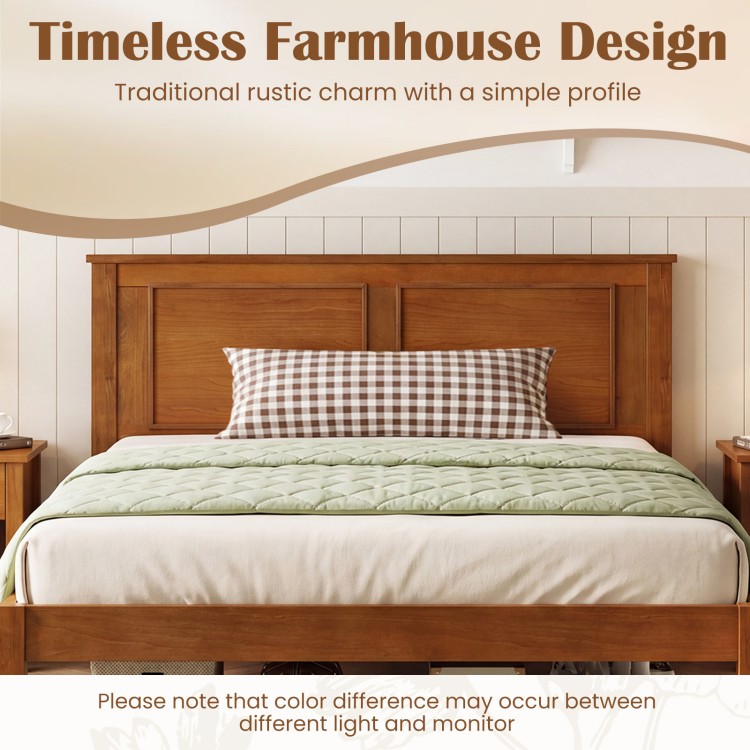 Twin size farmhouse wooden platform bed frame with headboard, featuring a rustic design and extra storage space.