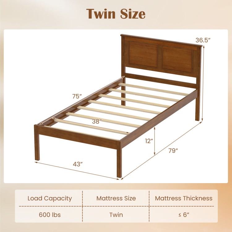 Twin size farmhouse wooden platform bed frame with headboard, featuring solid wood legs and plywood slats for support.