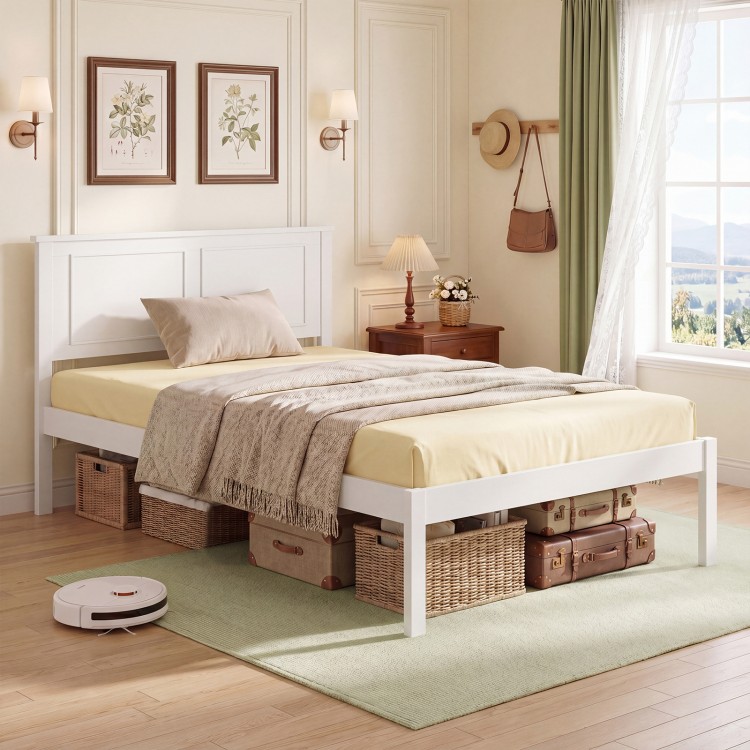 Twin size farmhouse wooden platform bed frame in white with headboard, featuring under-bed storage and elevated design.