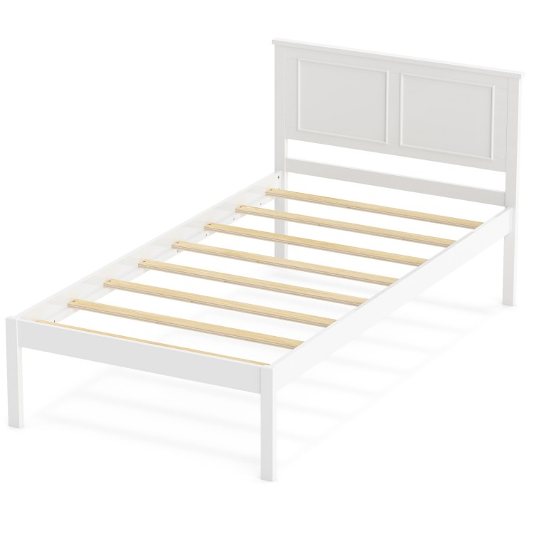 Twin size farmhouse wooden platform bed frame in white with headboard and plywood slats, ideal for stylish bedroom.