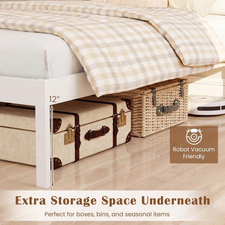 Twin size farmhouse wooden platform bed frame with 12" under-bed storage for boxes and seasonal items.