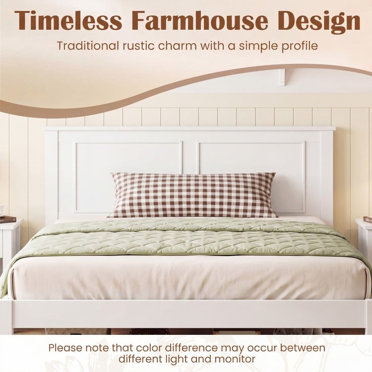 Twin size farmhouse wooden platform bed frame in white with headboard, featuring elevated design for extra storage.