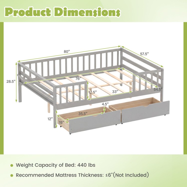 Full size gray daybed with fence and two pull-out drawers, featuring dimensions and storage details for children's room.