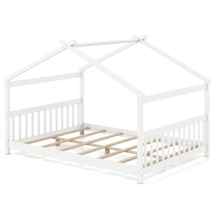 House-shaped full size Montessori floor bed in white with supportive headboard and slatted base for children's.