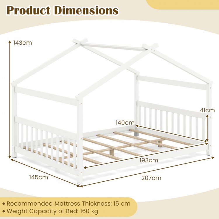 House-shaped Montessori floor bed in white with dimensions, slats, and headboard for children's creativity and comfort.