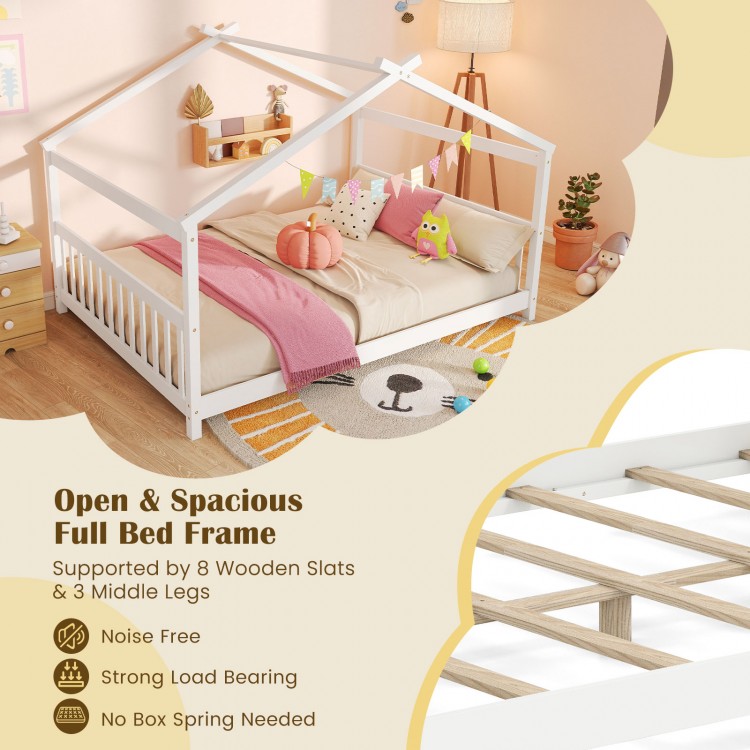 Full size house bed frame in white with headboard, designed for children’s creativity and easy access, no box spring.
