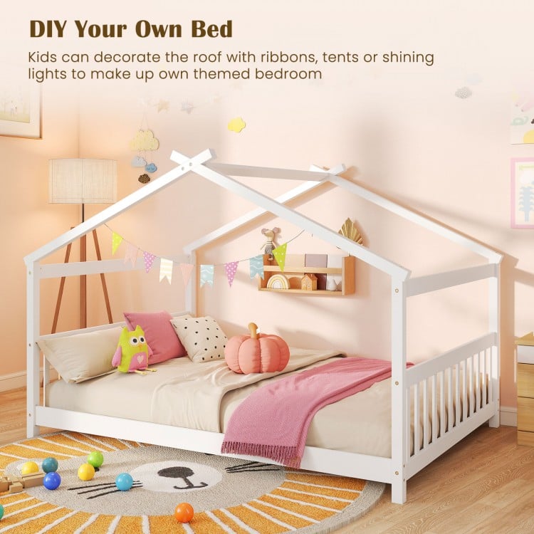 Full size house bed in white with headboard, designed for creativity and play, perfect for a child's bedroom.
