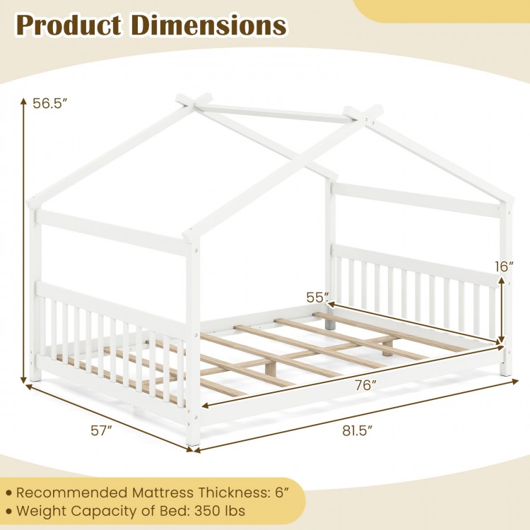 Full size house bed with headboard in white, featuring a creative design and sturdy plywood slats for children's play.