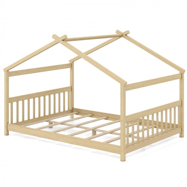 House-shaped full size Montessori floor bed in natural wood, designed for creativity and easy access for children.