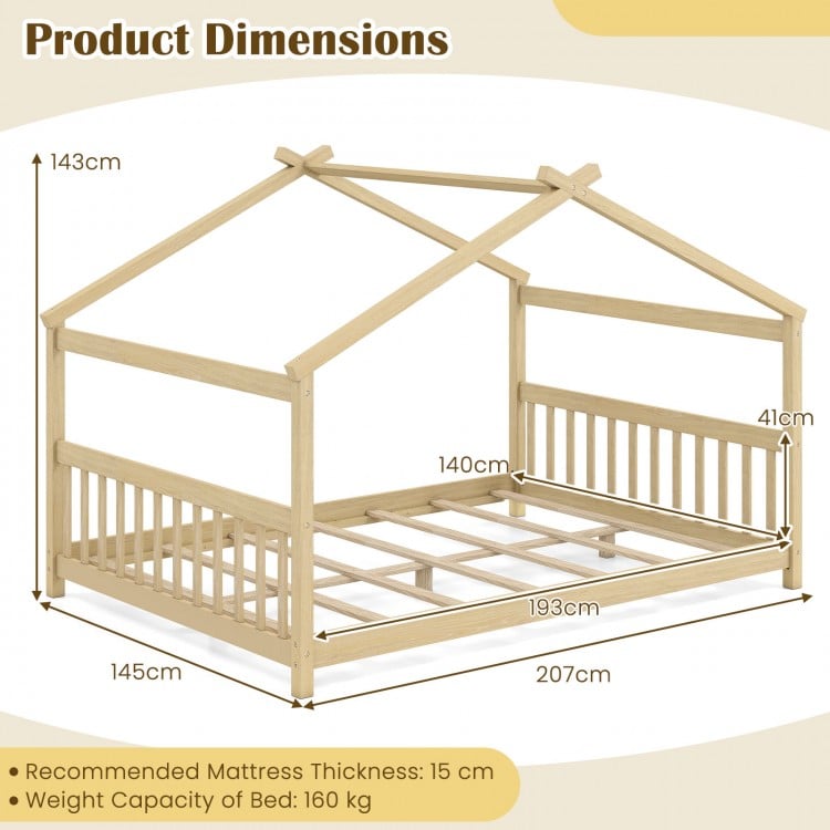 House-shaped Montessori floor bed with headboard, solid wood, for children's creativity, fits full size mattress.