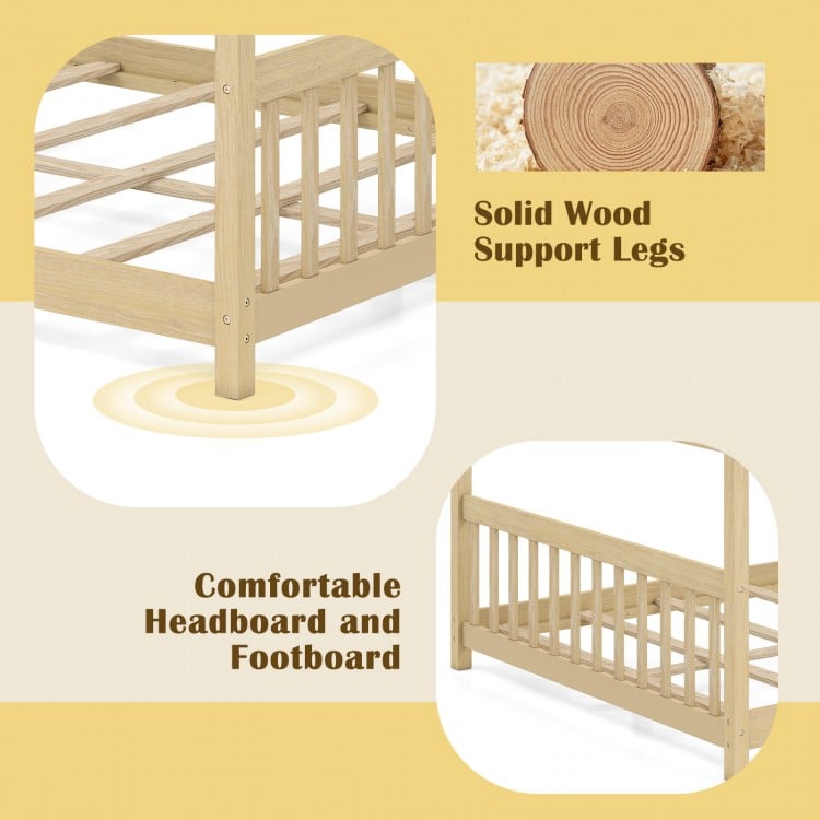 Solid wood support legs of the Full Size House Bed in white, ensuring durability and stability for children's play.