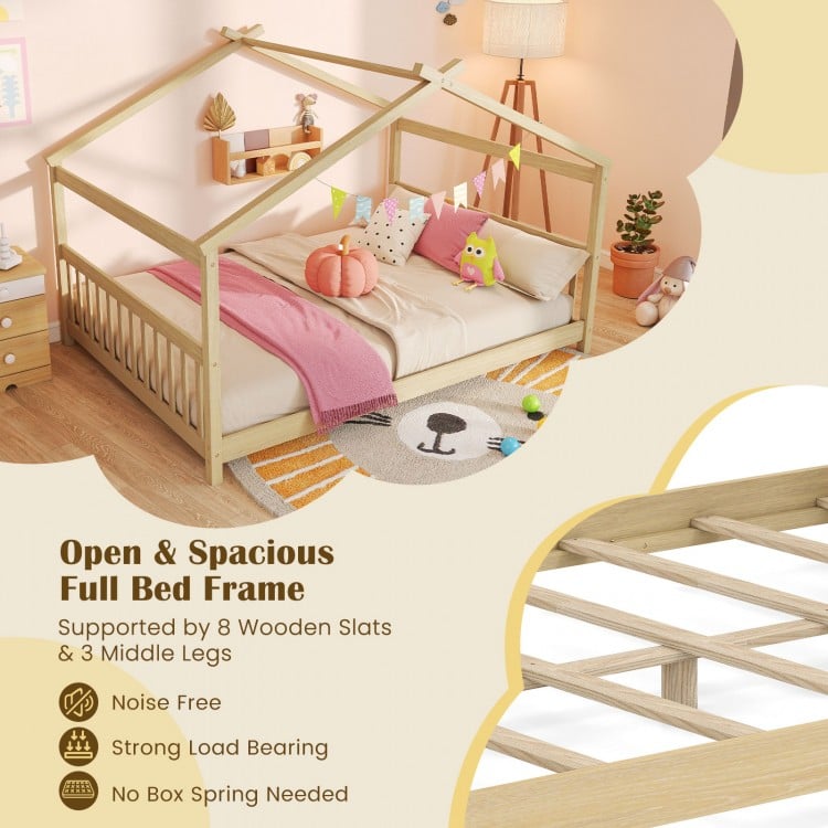 House-shaped full bed frame in white with solid wood legs, designed for creativity and easy access for children.