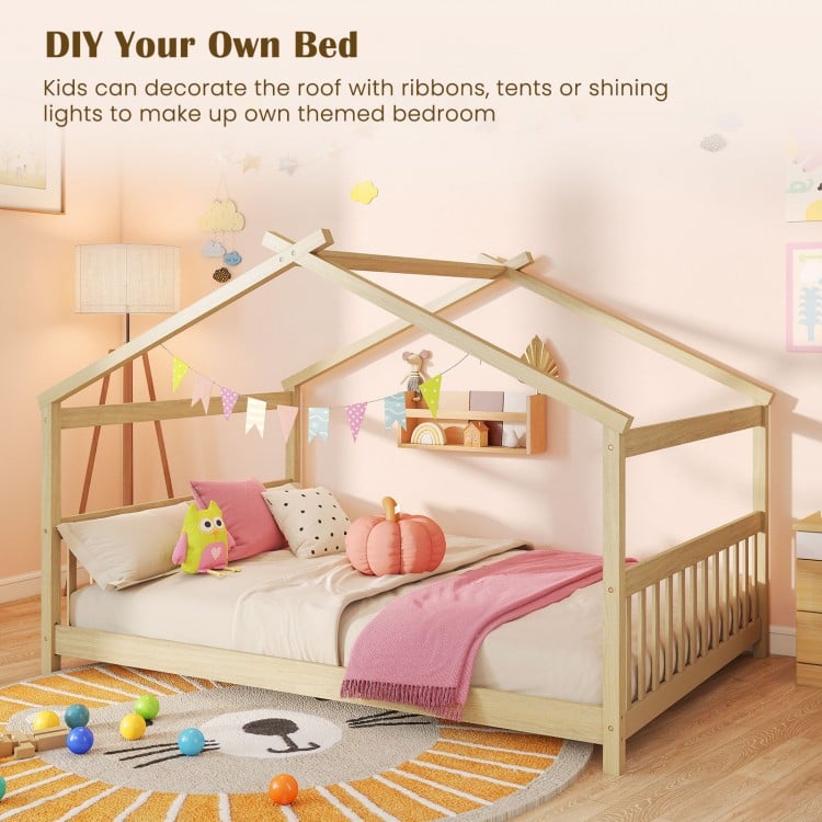 House-shaped Montessori floor bed in white with headboard, ideal for kids' creativity and easy access for playtime.