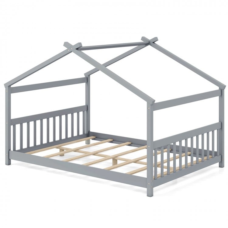 House-shaped full size Montessori floor bed in gray with supportive headboard, perfect for children's creativity and.