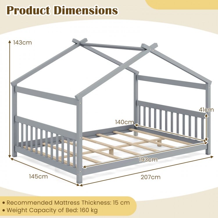 House-shaped Montessori floor bed frame in white, designed for creativity, supports a full-size mattress, and includes.