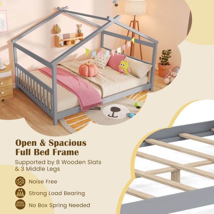 House-shaped full bed frame in white with headboard, featuring solid wood legs and 7 slats for sturdy support.