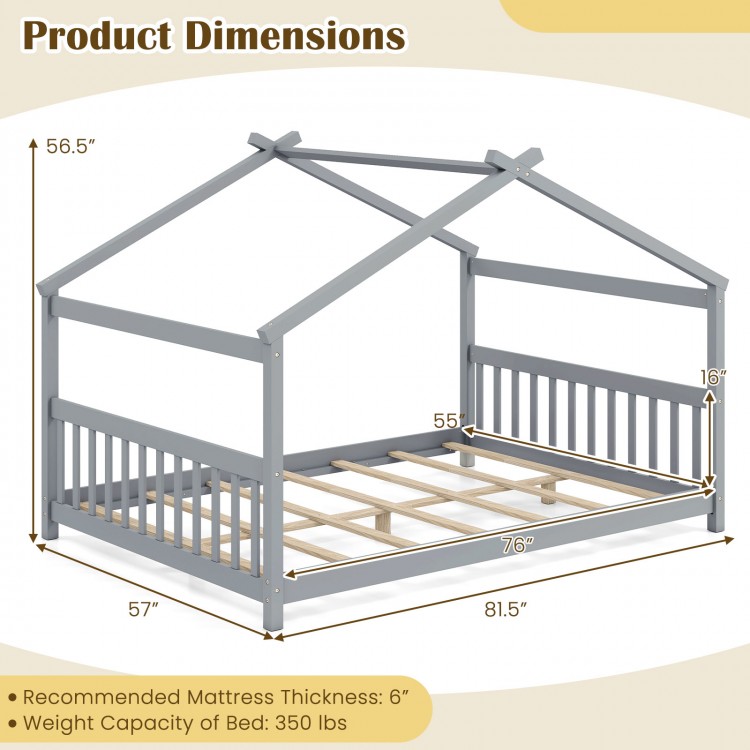 Dimensions of the full size house bed in white, showcasing a 350 lbs capacity, ideal for children's creativity and play.