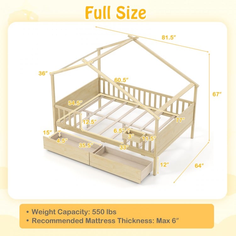 Full size house bed with roof and fence rails, natural wood, featuring two storage drawers for kids' toys and clothes.