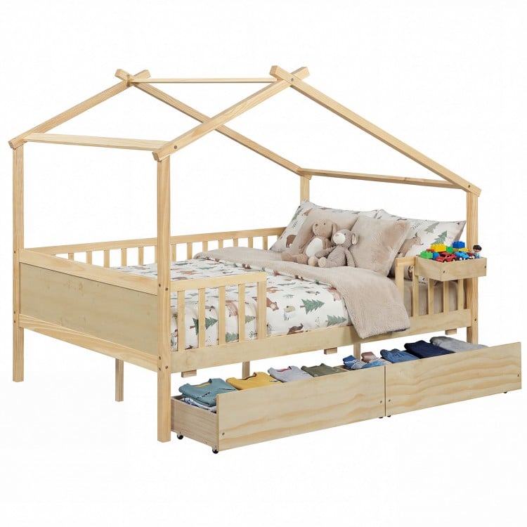House-shaped full-size bed with fence rails, natural wood, and two large storage drawers for kids' toys and clothes.