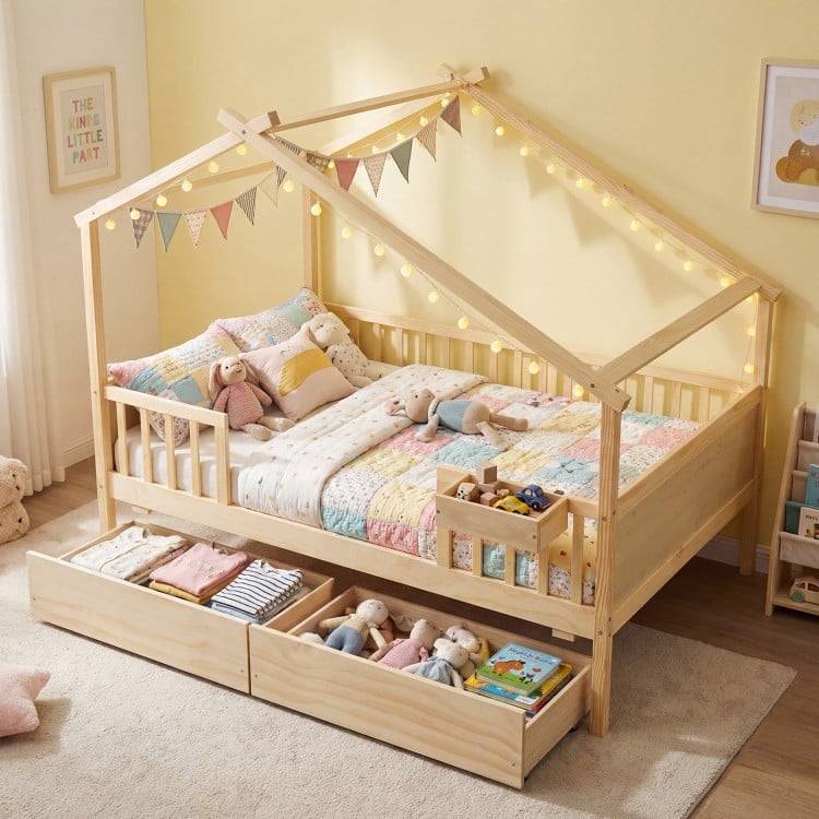 House-shaped full-size bed with fence rails, natural wood, and two large storage drawers for kids' toys and blankets.