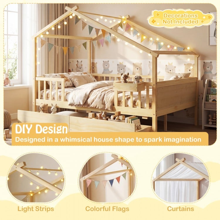 Full size house bed with roof and fence rails in natural wood, featuring storage drawers and whimsical design for kids.