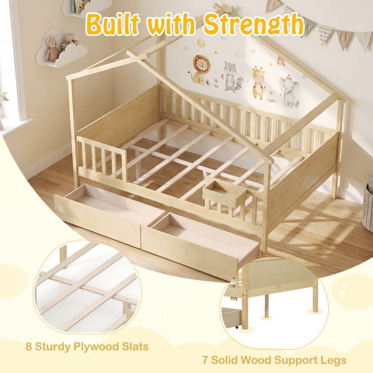 Full size house bed with roof and fence rails, natural wood, featuring 2 storage drawers and sturdy plywood slats.