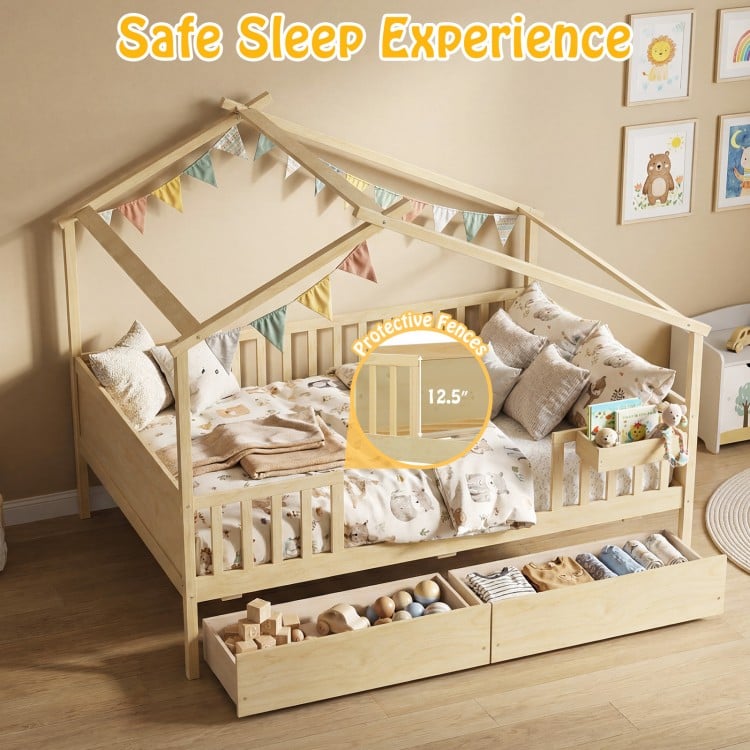 Full size house bed with roof and fence rails, natural wood design, includes storage drawers for kids' toys and clothes.