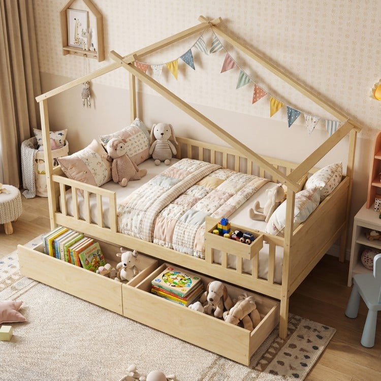 Adorable house bed with roof in natural wood, featuring a cozy mattress and playful design for children's imaginative.