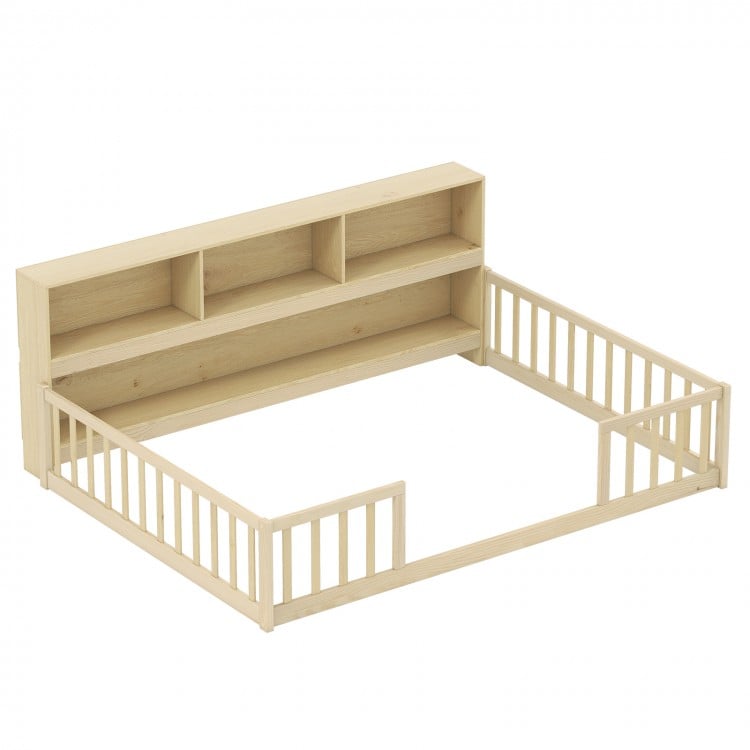 Montessori floor bed with integrated bookcase in natural wood, designed for easy access and child independence.