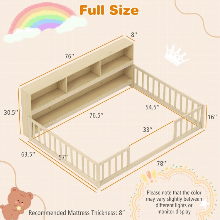 Full size Montessori floor bed with integrated bookcase in natural wood, promoting independence and organized storage.
