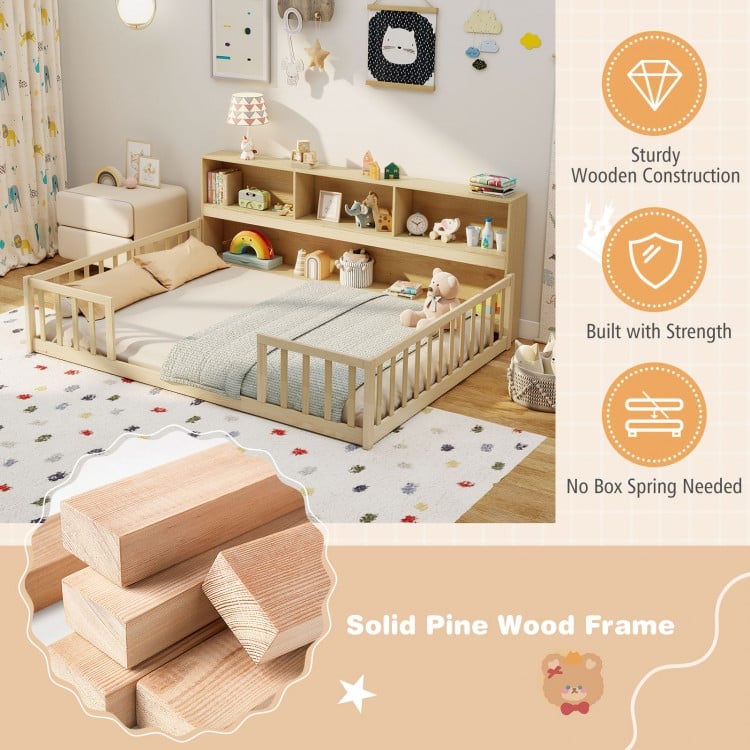 Full size Montessori floor bed with integrated bookcase, sturdy pine wood frame, perfect for kids' playtime and sleep.